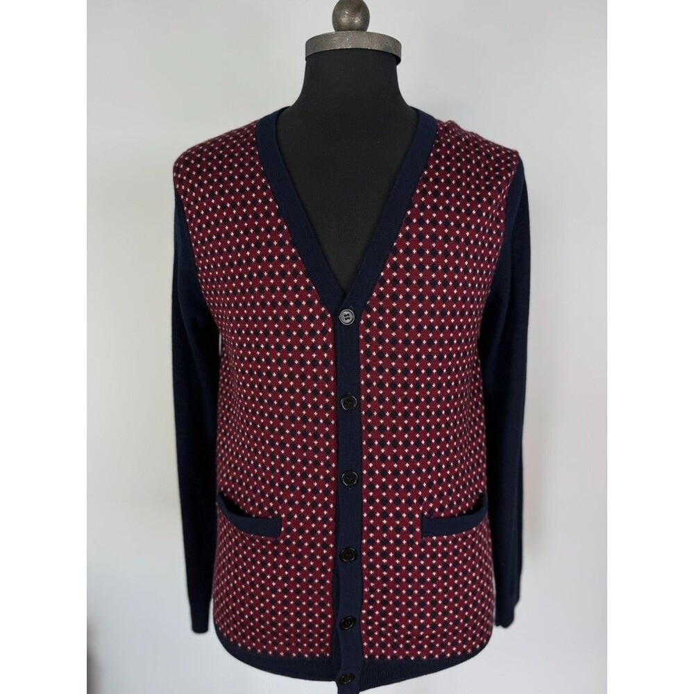 NWT Barque NY Navy Burgundy V-Neck Wool Cardigan Size M Vintage Classic Preppy